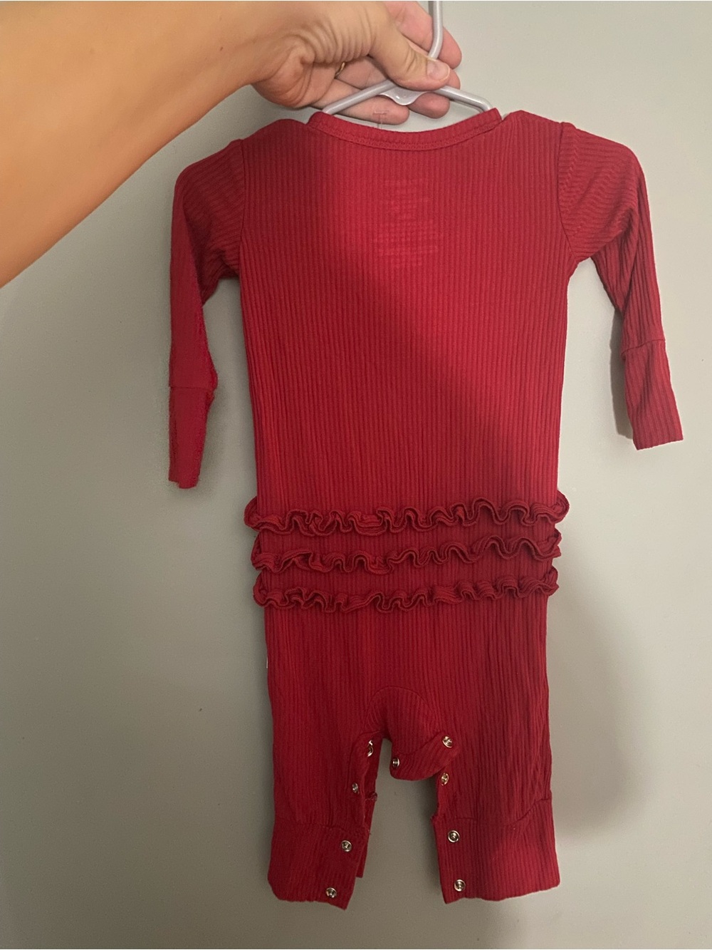 Posh Peanut Red Ribbed Button-Front Footie with Ruffle Back - Picture 2 of 5